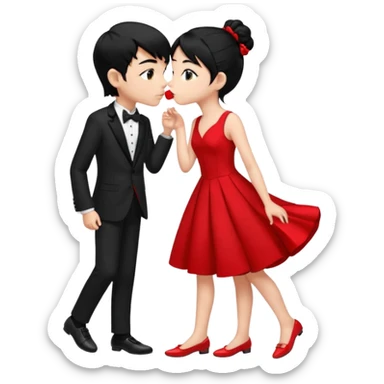 Make a girl has 18 years old black ponytail red dress, red flat and a boy has 19 years old black hair black tuxedo black shoes boy and girl kiss sticker
