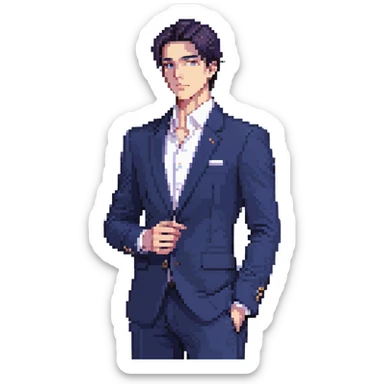 Flat pixel art, focused and confident male strategist, fair skin, short sleek dark hair, intense sharp eyes, wearing a deep indigo suit jacket over a crisp white shirt, holding a futuristic holographic blueprint in one hand, other hand thoughtfully touching chin, waist-up, front-facing sticker