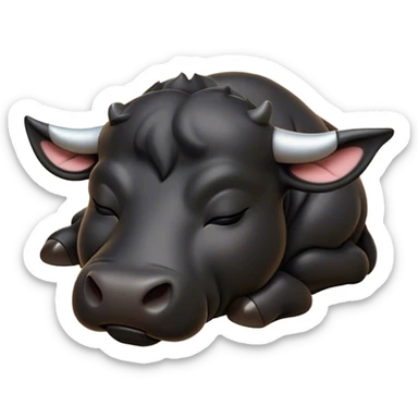 Meme-Worthy Cute Sleeping Black Bull Portrait Emoji, Head resting peacefully with a contented smile, showcasing a robust, massive build and a luxuriously soft pure black hide, eyes shut in a serene, restful nap, Simplified yet hilariously adorable features, highly detailed, glowing with a soft, drowsy light, high shine, relaxed and utterly lovable, stylized with an air of playful laziness, bright and heartwarming, soft glowing outline, capturing the essence of a comically sleepy guardian, so meme-worthy it feels like it could instantly become the next viral sensation of adorable slumber! sticker
