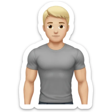 fais le meme blond, tee shirt gris mais musclé et fin sticker
