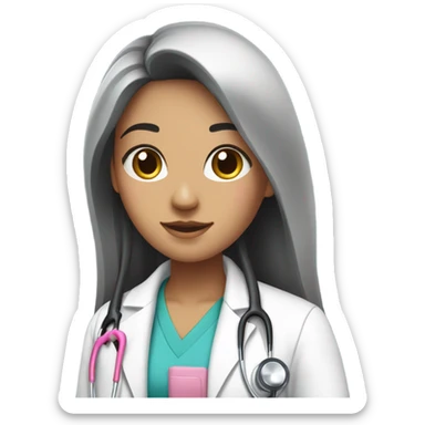 Long black hair female doctor in pink undershirt white coat over pink stethoscope  sticker