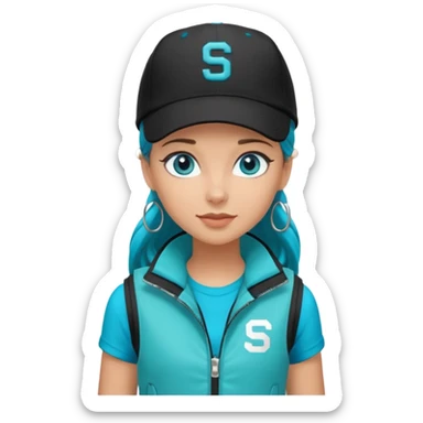 A landscaper in a beautiful turquoise jacket, turquoise rubber boots, and black pants. Over the turquoise jacket, she wears a black sleeveless vest. On her head, she wears a black Swissotel baseball cap. The girl is a brunette with blue eyes. sticker