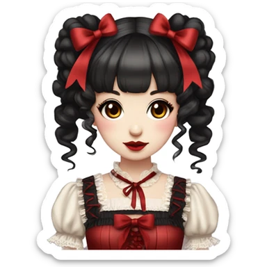 Japanese pale woman with dark drown curly pigtails and bangs, red lips and eyeshadow, long eyelashes, brown eyes, red Lolita dress with laces and ribbons, gothic Lolita doll look sticker