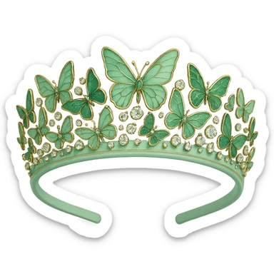 butterfly crown with a pastel green base, butterflies in light and dark green enamel, sparkling gems sticker