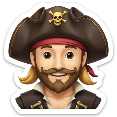 Clash of Clans aesthetic Cheerful Pirate Portrait Emoji, With a bright, confident smile and a relaxed yet adventurous posture, showcasing a stylized, rugged build with a classic pirate hat and a neatly groomed beard, his face in natural skin tone, Simplified yet expressive features, highly detailed, glowing with a soft, luminous maritime radiance, high shine, upbeat and daring, stylized with an air of classic swashbuckler allure, soft glowing outline, capturing the essence of a cheerful pirate ready to chart epic voyages! sticker