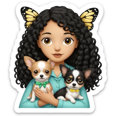 a girl light to medium tan skin with olive skin tone Long black curly hair cut butterfly carrying a white chihuahua dog with a cute ribbon sticker