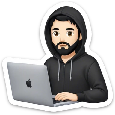 hackeur blanc cheveux noir barbe et capuche noir avec un macbook sticker