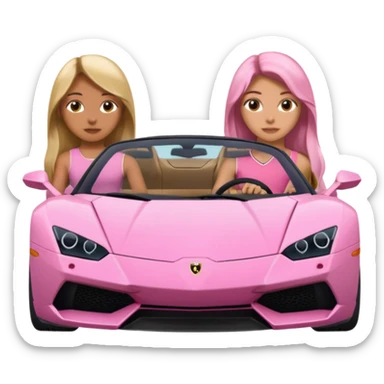 Make car far away so I can see full car Car facing forward in sports car. Make hair long  two girls in car far away Front of car sitting in the seats. Make it a pink sports car. They are two baddies make it a Lamborghini pink car  sticker