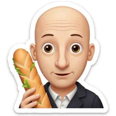 Generate me a bald Jewish man with a big nose holding a baguette sticker