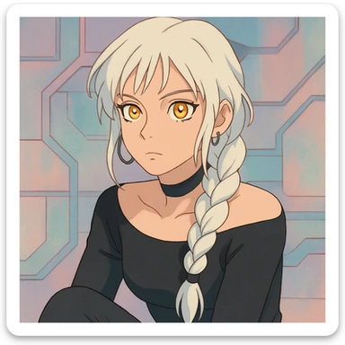closeup portrait of young woman with gold yellow eyes, white hair in a long braid, black off-shoulder top, punk gothic style, futuristic cyberwave, sitting position, soft pastel color palette, ghibli style sticker