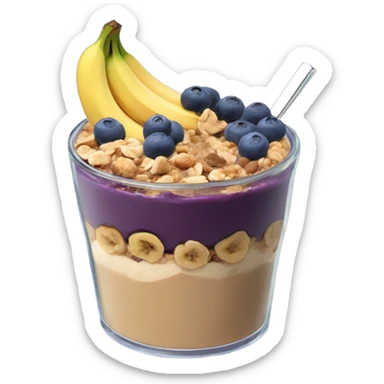 Açai bowl in a clear cup with layers of peanut butter, cashew nuts, granola, condensed milk and banana sliced and blueberrys on top sticker