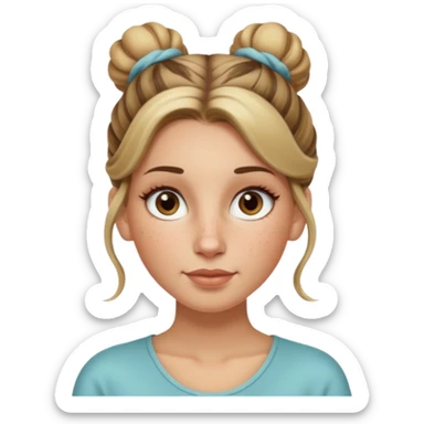 creative women with long dark Blond with highlights semi curly hair white women with hair in a top bun, oval shape face hazel eyes long lashes freckles on the nose high cheek bones sticker