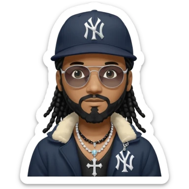 African American man with shoulder length black dreadlocks with black beard wearing black sunglasses wearing a New York Yankees logo baseball cap wearing a black bubble winter coat with diamond cross necklace on his neck sticker