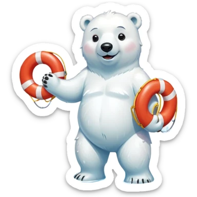 full body friendly anthropomorphised polar bear smiling, wearing colorful swim shorts and swim goggles, standing in a small puddle, holding a red and white life buoy sticker
