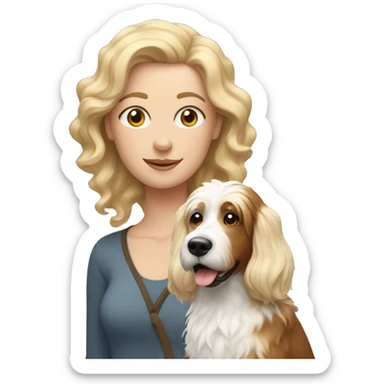 white woman with long blonde hair alongside a tri-colored bernadoodle dog  sticker