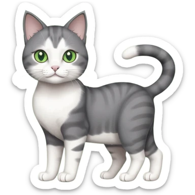 full body view of beautiful female solid dark grey cat with green eyes, white toes/paws and white patch on her chest sticker