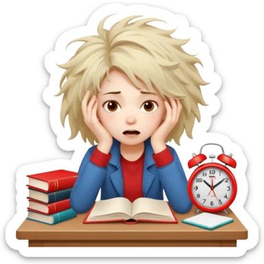 A student girl is sitting in a panic and chaos. On the table, there are a bunch of books, notebooks, and a phone with a red alarm clock on the screen. sticker