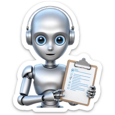 Portrait of a small humanoid robot with round head, metallic limbs, glowing eyes, holding a clipboard sticker