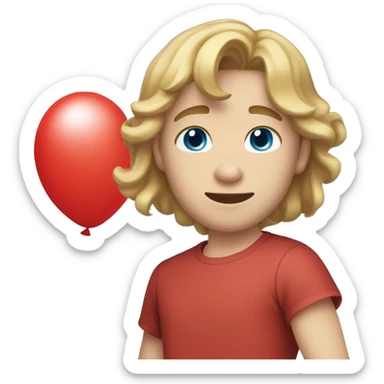 Blonde teen boy with medium light brown hair, blue eyes, red top and holding a ballon sticker