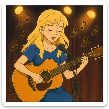 ghibli style illustration of a beautiful blonde girl playing guitar on a stage, music notes in the air, stage lights sticker