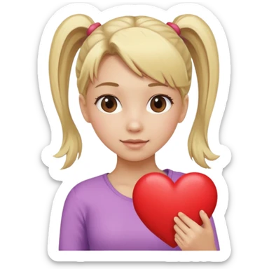 Blonde girl with a ponytail holding a heart sticker