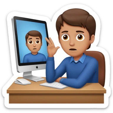 A white man with brown hairs  sits at his desk in shock sticker