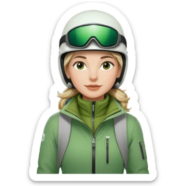 Woman, skiing, White helmet, Green Jacket, green trousers, background Matterhorn sticker