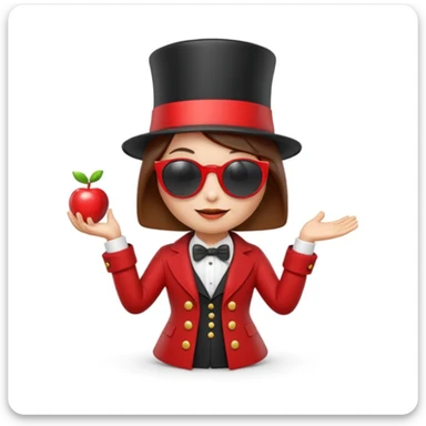 3D apple-style emoji of a whimsical character with simplified shapes, cartoon-like look, glossy finish, soft shadows, white background, tall top hat with ribbon, large round white sunglasses, short brown bob haircut, elegant collar, red coat, playful and iconic sticker