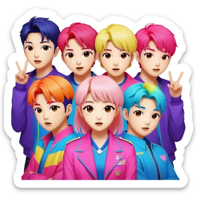 Cinematic Realistic BTS Pop Culture Emoji, featuring a dynamic, energetic portrayal of the acclaimed K-pop group rendered with vibrant textures and energetic, colorful lighting. sticker