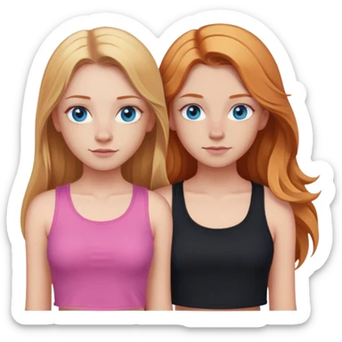 Two girls together. Girl 1: blonde long straight hair, hazel eyes, pink crop top.  girl 2:  long wavy ginger hair, blue eyes, nose ring, black shirt sticker