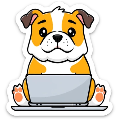 English bulldog sitting with a laptop sticker
