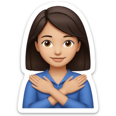 make an emoji of a girl with medium skin and very dark brown hair. her hands are crossed and holding the front of her neck. her face is smiling sticker