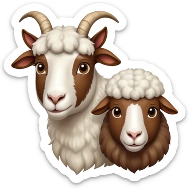 Portrait collage of domestic hooved animals: A calm goat with soft fur, a fluffy sheep with large eyes, and a noble horse with a shiny coat. Soft green meadow and distant hills in the background. Transparent background. sticker