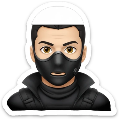 Close-up portrait of an attractive man with piercing eyes, wearing a sleek black tactical mask that covers the lower half of his face. He has sharp jawline definition, dark hair, and a serious, undercover criminal or covert operative look. High contrast, noir lighting, cinematic depth of field. sticker