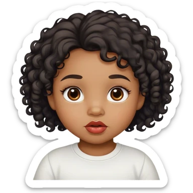 medium brown skin tone, very adorable toddler, with big plump lips, long long lashes, black curly long hair, brown eyes, white shirt sticker