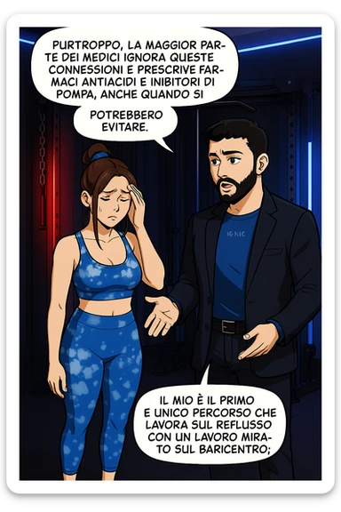 TRASFORMA QUESTO CAROSELLO IN UN FUMETTO STILE WEBTOON/MANGA A COLORI CON QUESTE DUE PERSONE IDENTICHE CHE INTERLOQUISCONO TRA LORO, L'uomo sta spiegando alla donna questo concetto MENTRE LA DONNA SI TIENE la mano sulla fronte sconcertata:

LUI (UOMO): Purtroppo, la maggior parte dei medici ignora queste connessioni e prescrive farmaci antiacidi e inibitori di pompa, anche quando si potrebbero evitare.
Il mio è il primo e unico percorso che lavora sul reflusso con un lavoro mirato sul baricentro; sticker