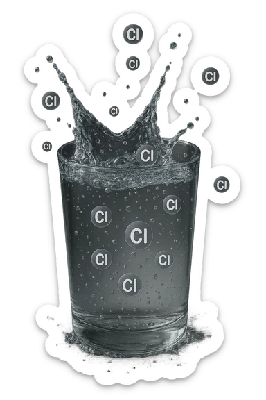 un bicchiere di acqua cade verticalmente dall'alto realistico e dettagliato, dentro l'acqua del bicchiere ci sono particelle di cloro ben visibili con la scritta "Cl" sopra, ci sono particelle anche che escono dal bicchiere e fluttuano in aria verticalmente, mentre alcune sono all'interno dell'acqua nel bicchiere, iperrealistico 4k sticker