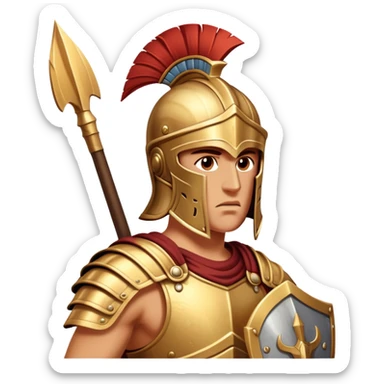 Cinematic-realistic Achilles emoji portrait fearlessly on the battlefield of Troy. His trojan armor gleams , each intricate engraving telling tales of his past glories. His piercing gaze locks onto his foe, his grip tightening around his spear.  sticker