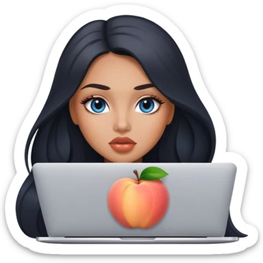 Glamours tanned very beautiful girl with big pump peach lips and almost black straight smooth silky long hair, blue-grey eyes with MacBook sticker