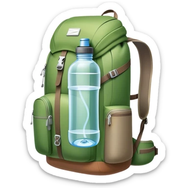 Icon for Ecotourism: a lightweight hiking backpack with a reusable water bottle, placed against a backdrop of lush green nature, with trees and a scenic trail. The icon should represent eco-friendly travel and the beauty of the outdoors. Transparent background. sticker