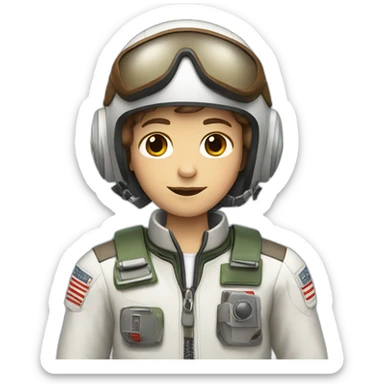 A white young boy with brown hair and a airplane pilot suit and a radio helmet sticker