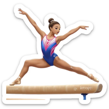 A gymnast performing a flawless routine on the balance beam, showcasing strength and grace. The scene captures the precise, elegant movement with perfect balance and form. The background features a gymnastics arena with vibrant lighting and cheering crowds, emphasizing athleticism and poise. sticker