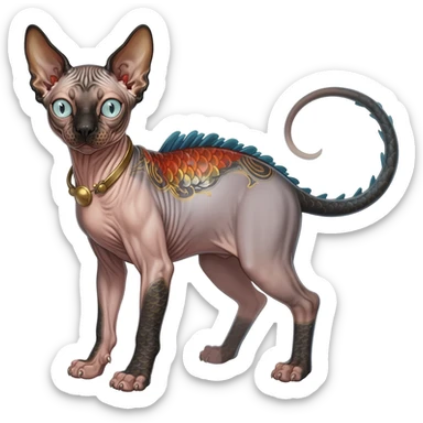 Japanese oriental Asian Edgy badass swimmy wet painted intricate ornate Japanese Asian koi-Minccino-Lykoi-Emolga-Sphynx-Linoone-Zangoose-fusion-hybrid-animal-Fakémon-creature, full body, thin long sleek scaly tail, intricate markings sticker