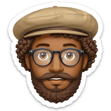 a man with brown skin, wear a glasses with bold frame, have a curly hair and wearing a hat. have a moustache and beard  sticker