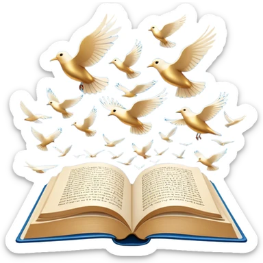 Icon for Poetry Reading: an open book with verses on the pages, from which fly pages transforming into a large flock of small white birds soaring into the blue sky. The icon should evoke the freedom and beauty of poetry. Transparent background. sticker