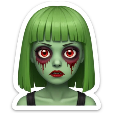 zumbie com cabelo preto e liso de franja vegana e olhos vermelho deixe o zumbir verde  sticker