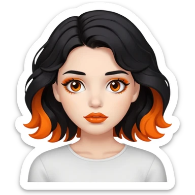 A girl with medium little wavy hair that is black and has orange strikes, her skin in white, she has big lips and dark brown eyes, her eyebrows are full and dark sticker