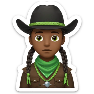 Black boy with three braids near each eye wearing a black cowboy hat with green bandana around his neck sticker