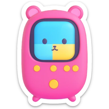 Tamagotchi virtual pet device, 3D emoji style, rounded plastic shell, cute digital pet on screen sticker