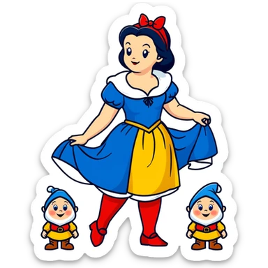 Snow White standing gracefully in a lush forest, surrounded by the Seven Dwarfs sticker